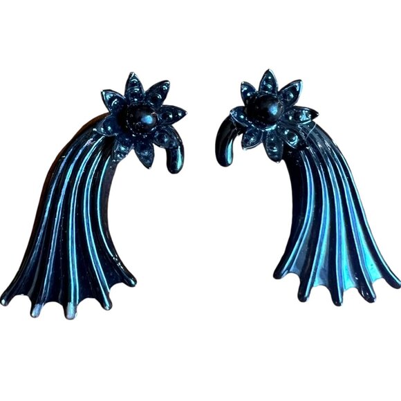 Vintage 80s Black Metal Flower Fan Earrings - Picture 1 of 2